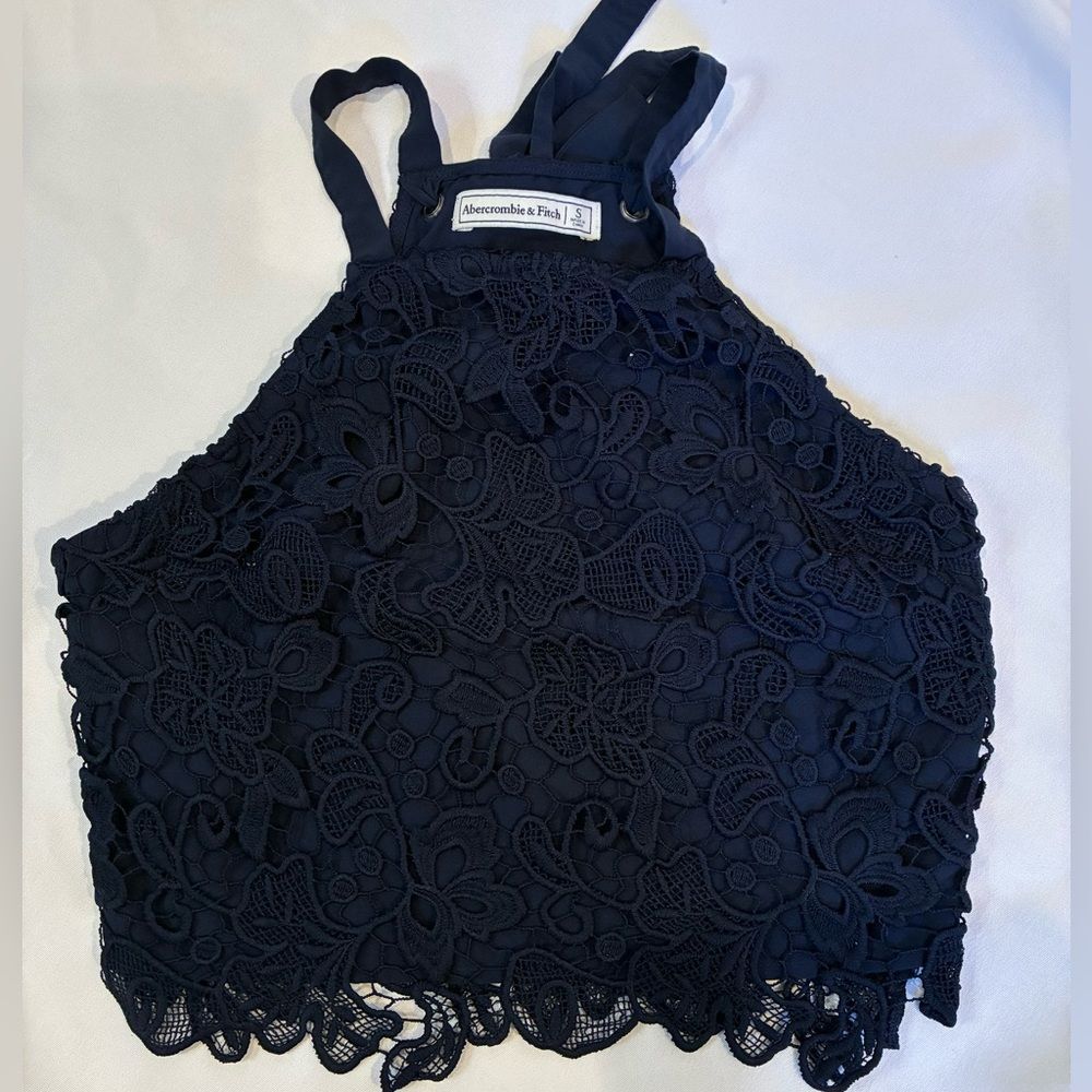 Abercrombie & Fitch Navy blue lace tie cropped top halter style size S - Picture 1 of 8